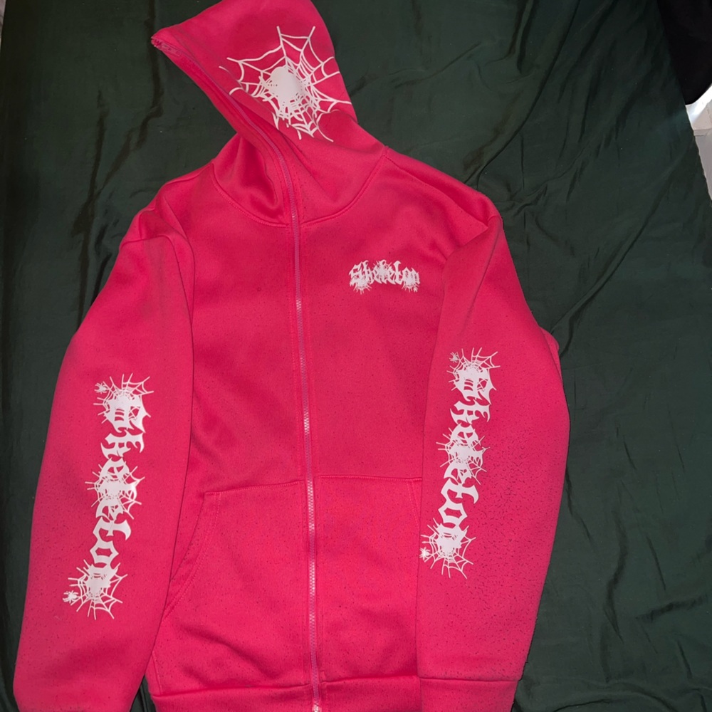 Pink Full Zip Hoodie with Spider Graphic Design